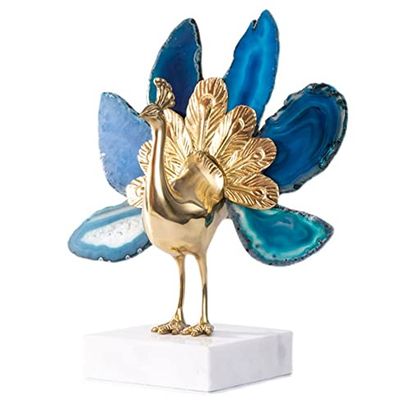 LJYT Peacock Statue Decoration Modern Minimalist Brass Peacock Open Agate Stone Decoration (Color : Blue)