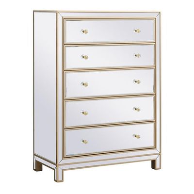 Elegant Decor Reflexion 34" 5-Drawer Metal MDF Mirrored Cabinet in Gold