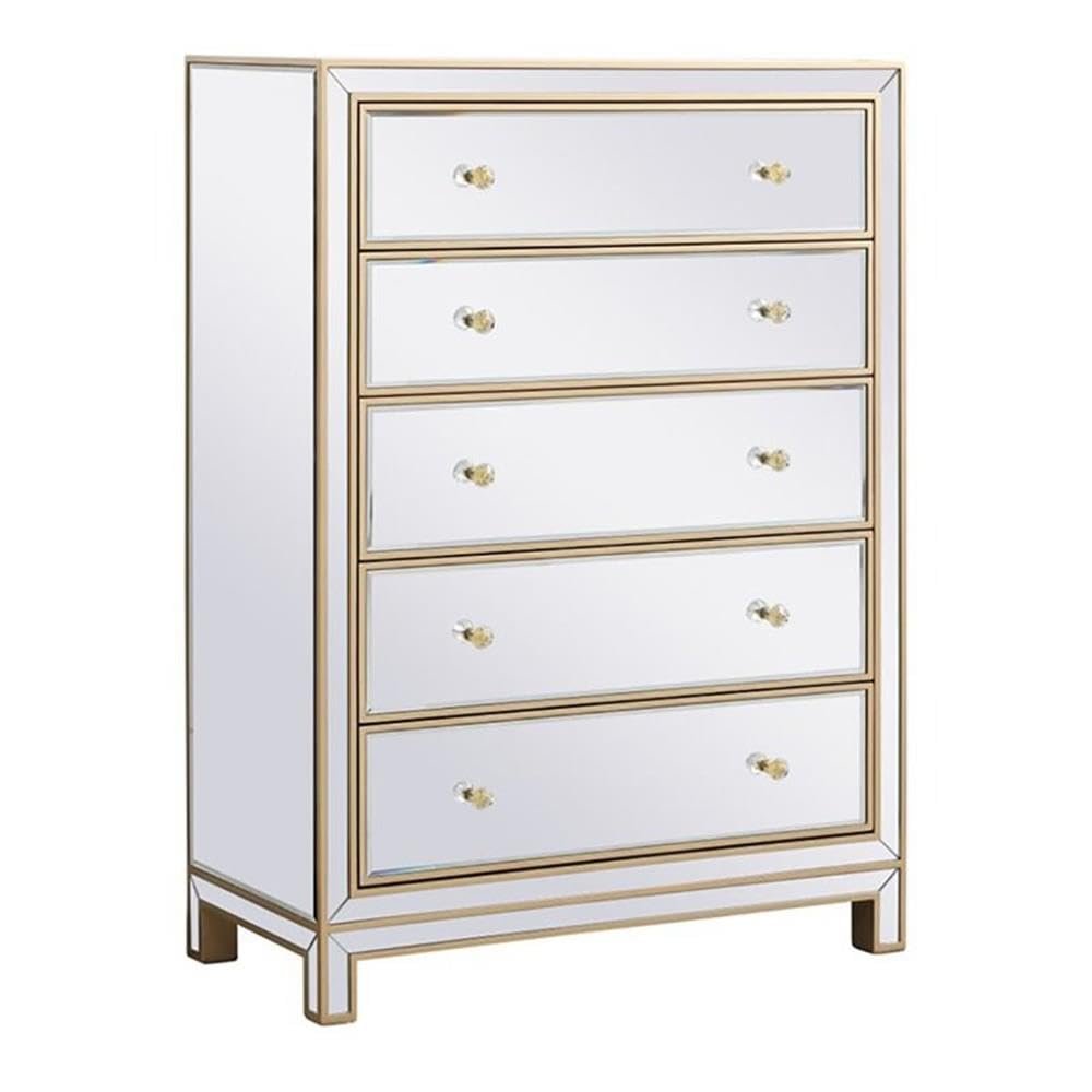 Elegant Decor Reflexion 34" 5-Drawer Metal MDF Mirrored Cabinet in Gold