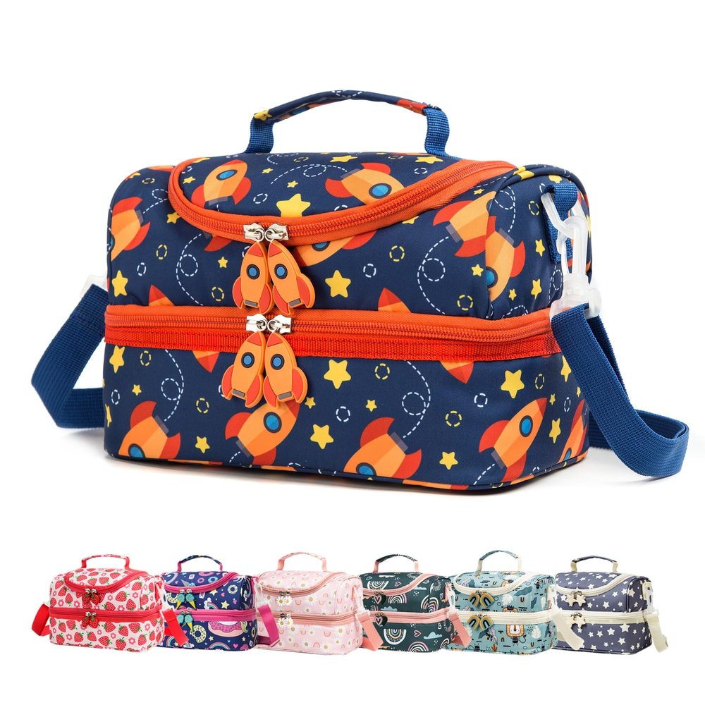 Life on track Insulated Kids Dual Compartment Lunch Bags Tote for Girls Boys Toddler Lunch Boxes Pre-School Toddler Kindergarten Picnic Camp Food Cooler Thermal with Strap (Star Rocket)