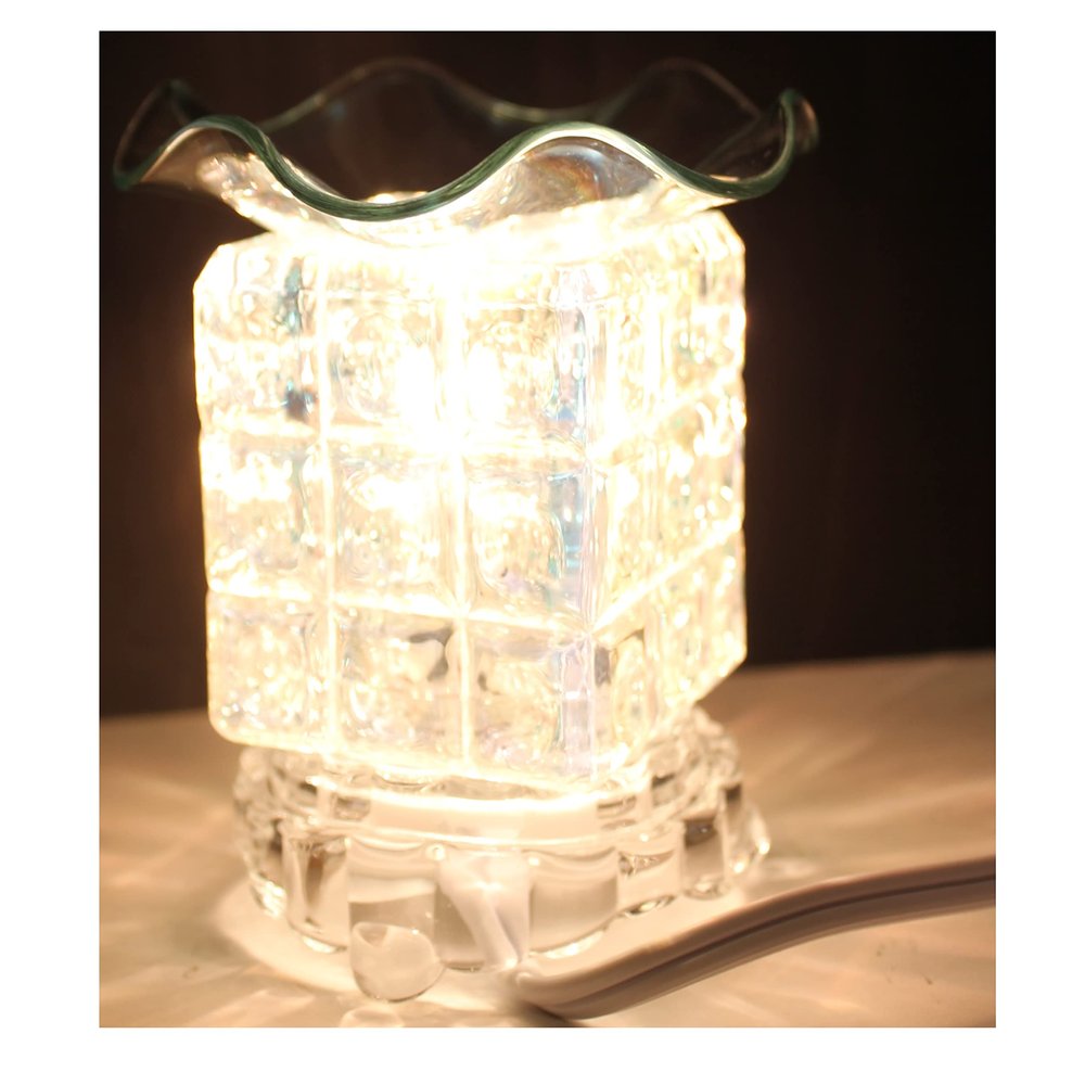 5" Square Pearl Design, Clear Lamp, White Light - Beautiful Design, Oil Warmer with Cord and dimmer