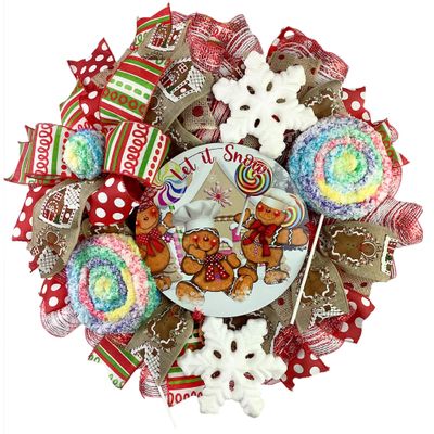 Artisan Let it Snow Gingerbread Christmas Wreath with Lollipops for Front Door Decorations Outside, Gingerbread Door Hanger, Handmade Candy & Ornaments