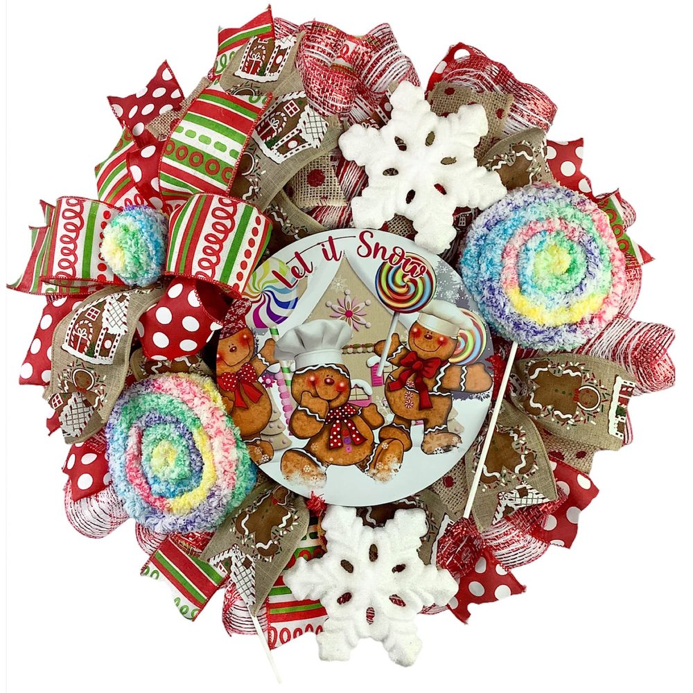Artisan Let it Snow Gingerbread Christmas Wreath with Lollipops for Front Door Decorations Outside, Gingerbread Door Hanger, Handmade Candy & Ornaments