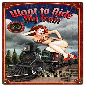 ArtFuzz Want to Ride my Train Pin Up Girl Sign 12x18