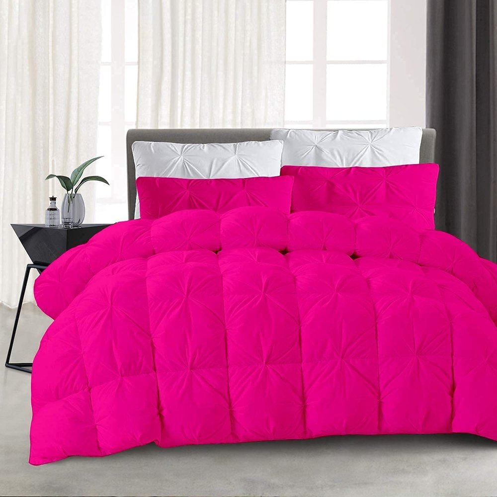 5Peice Breathable Comforter Set Full Hot Pink 100% Cotton 500 GSM Pinch Pleated Comforter with 4 Pillow All Season Down Alternative Quilted Set Fluffy Baffle Box Pintuck Comforter Set