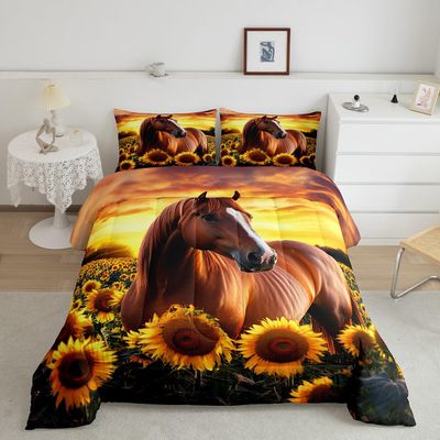 3D Horse Comforter Set for Kids Boys Wild Animal Down Comforter Girls Teen Adult Women Sunflower Quilted Duvet Brown Horse Bedding Comforters Cowboys Farmhouse Comforter with 2 Pillowcases, Queen Size