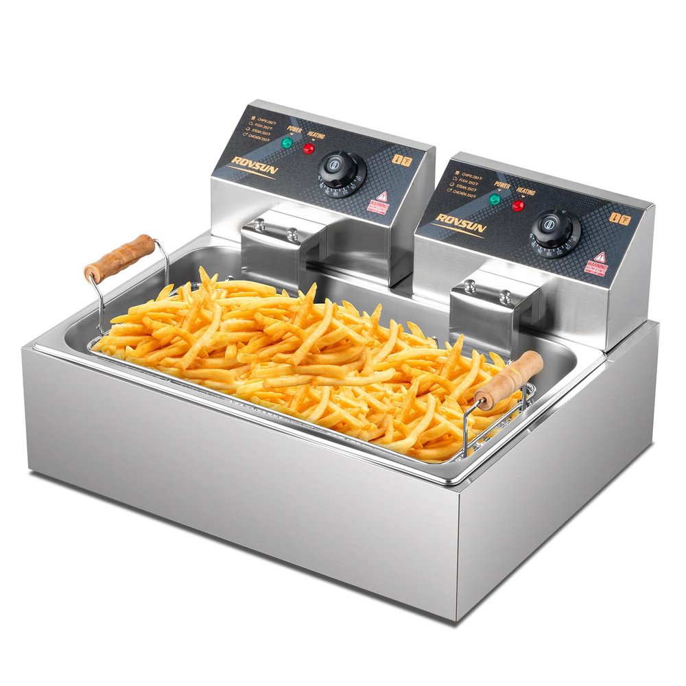 ROVSUN 23.8Qt Electric Deep Fryer with Basket, Lid & Adjustable Temp, Commercial Deep Fryer Countertop, Stainless Steel Kitchen Fat Fryer Frying Machine for French Fries Turkey Onion Rings 5000W