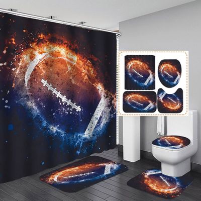 Jayden Madge 4PCS/Set Burning American Football Shower Curtain, Ice and Fire Championship Cool Sports Bathroom Decor for Men, Waterproof Fabric Black Shower Curtain, Non-Slip Bath Rugs, Flaming Ball