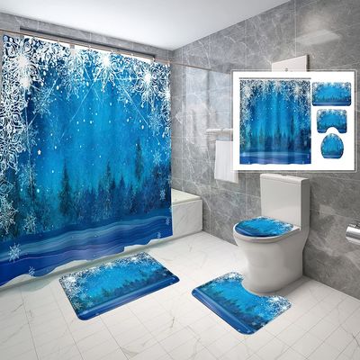 4 Piece Winter Wonderland Waterproof Fabric Bathroom Sets with Non-Slip Rugs, Toilet Lid Cover and Bath Mat, Waterproof Shower Curtain with Standard Size