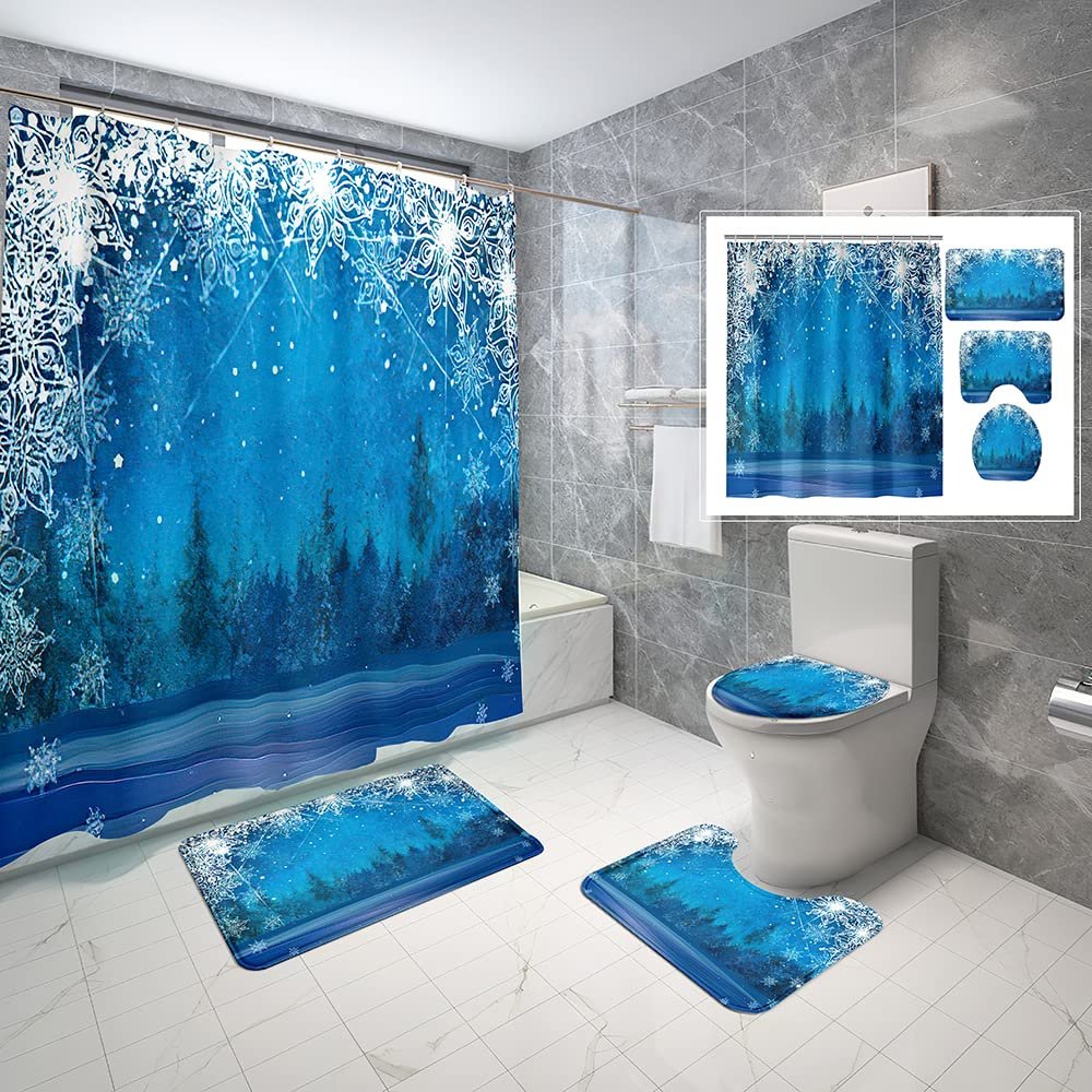 4 Piece Winter Wonderland Waterproof Fabric Bathroom Sets with Non-Slip Rugs, Toilet Lid Cover and Bath Mat, Waterproof Shower Curtain with Standard Size
