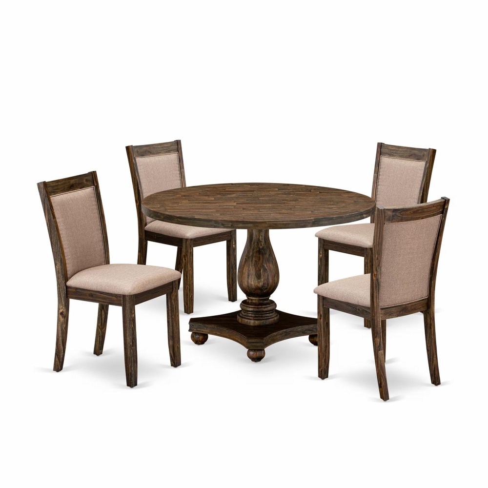 East West Furniture I2MZ5-716 5 Piece Dining Table Set for 4 Includes a Round Kitchen Table with Pedestal and 4 Dark Khaki Linen Fabric Parson Dining Chairs, 48x48 Inch, Distressed Jacobean