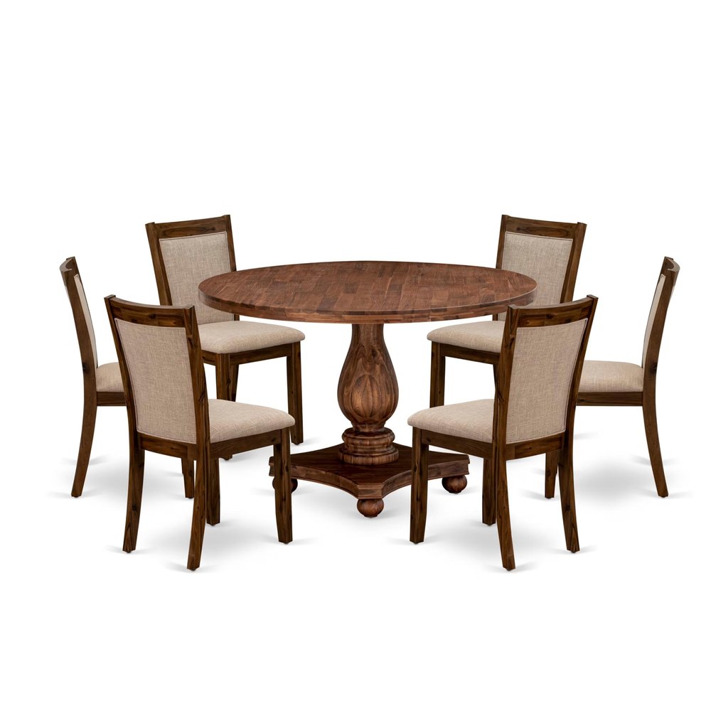 East West Furniture I2MZ7-N04 7 Piece Kitchen Table & Chairs Set Consist of a Round Dining Table with Pedestal and 6 Light Tan Linen Fabric Parson Chairs, 48x48 Inch, Antique Walnut