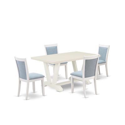 East West Furniture V026MZ015-5 5 Piece Kitchen Table & Chairs Set Includes a Rectangle Dining Room Table with V-Legs and 4 Baby Blue Linen Fabric Parson Chairs, 36x60 Inch, Multi-Color