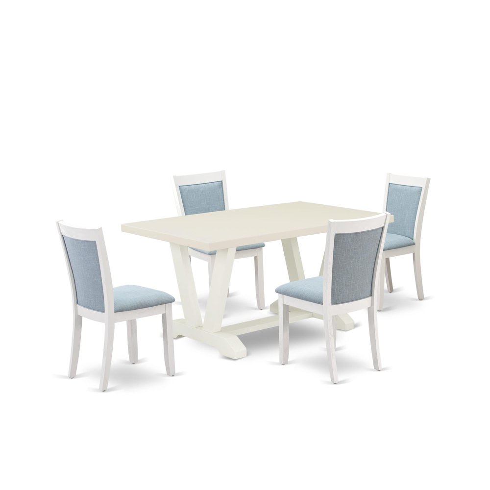 East West Furniture V026MZ015-5 5 Piece Kitchen Table & Chairs Set Includes a Rectangle Dining Room Table with V-Legs and 4 Baby Blue Linen Fabric Parson Chairs, 36x60 Inch, Multi-Color