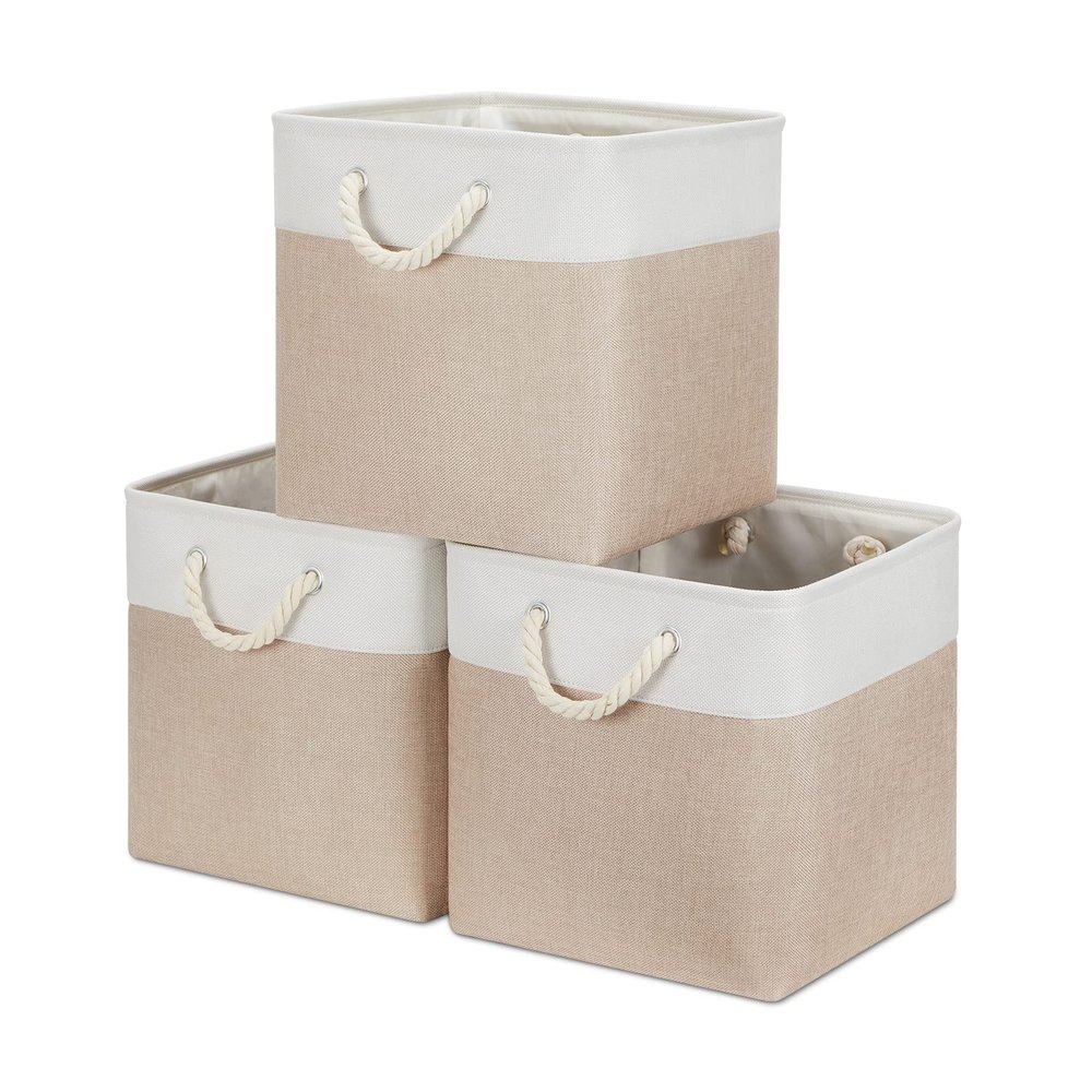 Bidtakay Fabric Storage Baskets for Organizing Beige 13 Inch Collapsible Square Baskets 3 Pack Organization Bins Large Cube Storage Bins Closet Baskets for Shelves Clothes