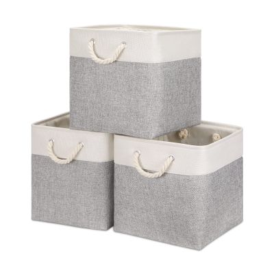 Bidtakay Fabric Basket Set - Large Square Organizer Bins, 13x13, Set of 3, White & Grey