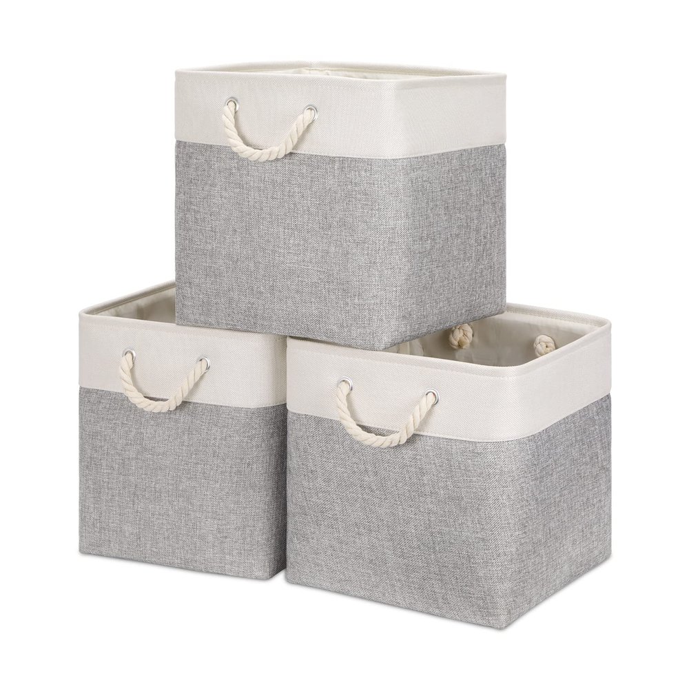 Bidtakay Fabric Basket Set - Large Square Organizer Bins, 13x13, Set of 3, White & Grey