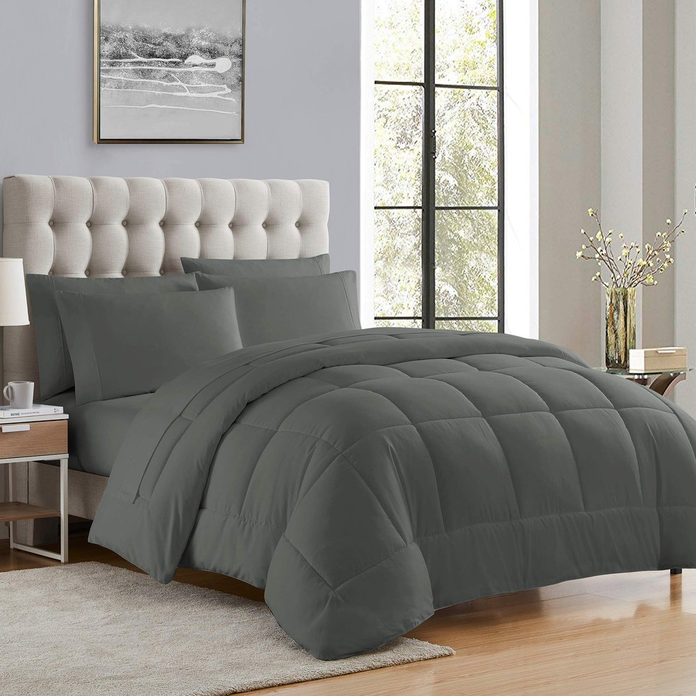 3 PCS Dark Grey-Queen Comforter Set 100% Egyptian Cotton 500 GSM All Season Goose Down Alternative Box Stitched Comforter with 2 Pillow Shams Quilted Set