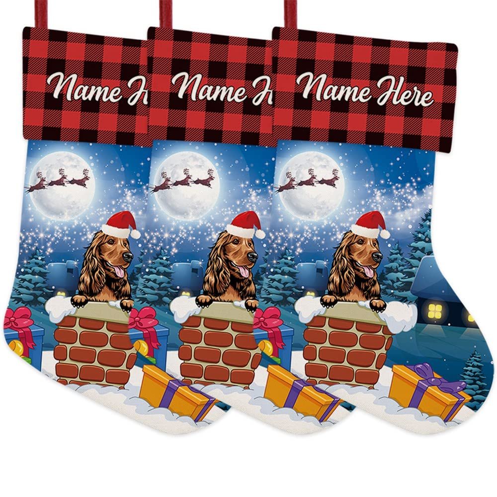 MALIHONG 3 Pack Custom Name Christmas Stocking with Humorous Dog Cocker Spaniel in The Chimney Santa Gifts Pack for Xmas Party Holiday Decoration Christmas Tree Fireplace Hanging 14.4"