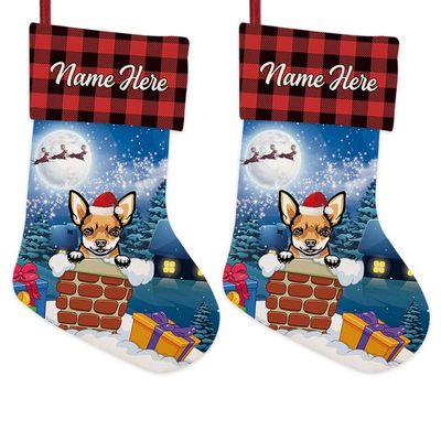 MALIHONG 2 Pack Custom Name Christmas Stocking with Facile Dog Chihuahua in The Chimney Santa Gifts Pack for Xmas Party Holiday Decoration Christmas Tree Fireplace Hanging 14.4"