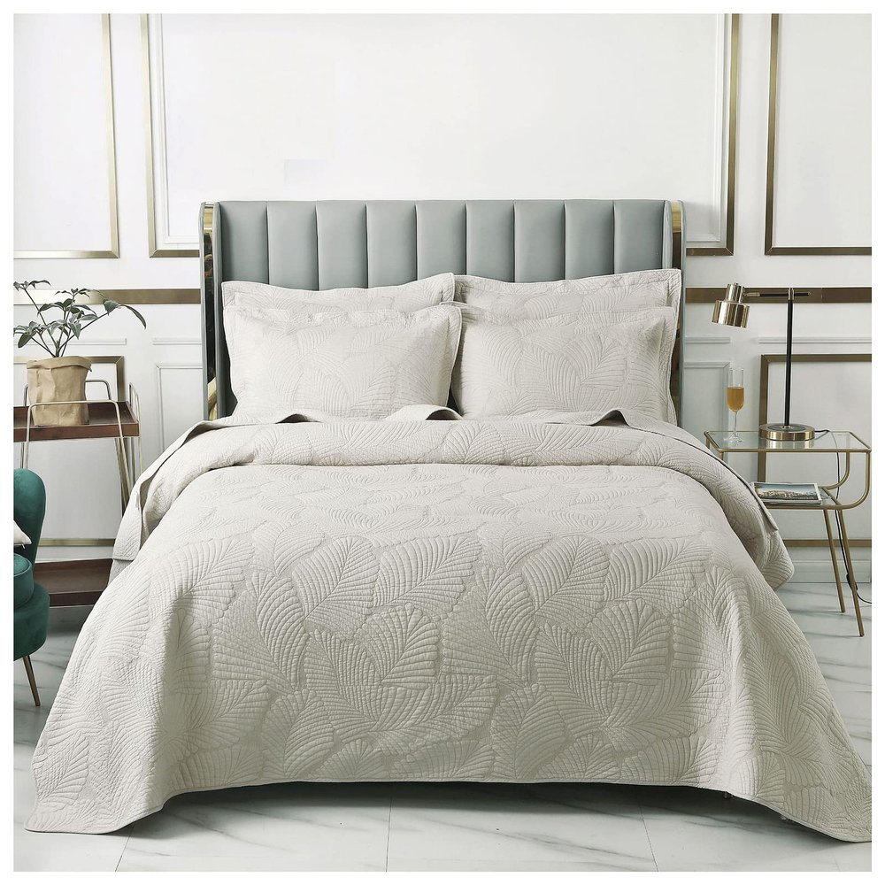 BDMFJY Bedspread Quilt Set King - 3 Piece Luxury Embroidered Quilted Comforter Bedspreads Coverlet Lightweight Bedcover Warm Bedding Set All Season Quilts,Beige,250x270 cm