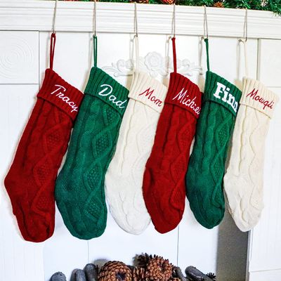 K-MLICE Personalized Christmas Stockings 6 Pack Embroidery Name for Family Custom Xmas Stocking Fireplace Farmhouse Rustic Christmas Ornaments for Home Decoration White Red Green Mantle Gift Holiday