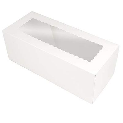 O'CREME White Rectangular Cake Box 16 Inch x 6 Inch x 5 Inch High with Scalloped Window - Pack of 5