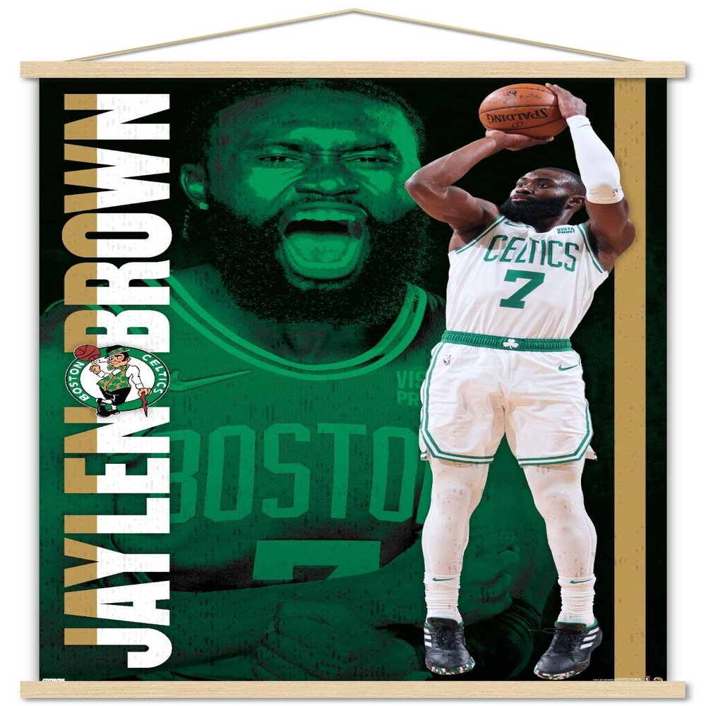 Trends International NBA Boston Celtics - Jaylen Brown 21 Wall Poster, 22.375" x 34", Premium Print and Beechwood Hanger Bundle