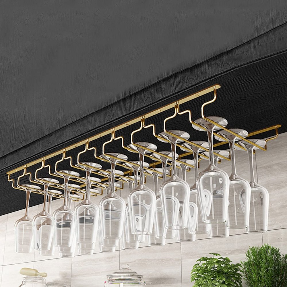 Wine Glass Rack - Under Cabinet Stemware Wine Cup Holder Glasses Storage Hanger Metal Iron 304 Stainless Steel Organizer for Bar Kitchen (Gold) (Size : 91x28x5.5cm)