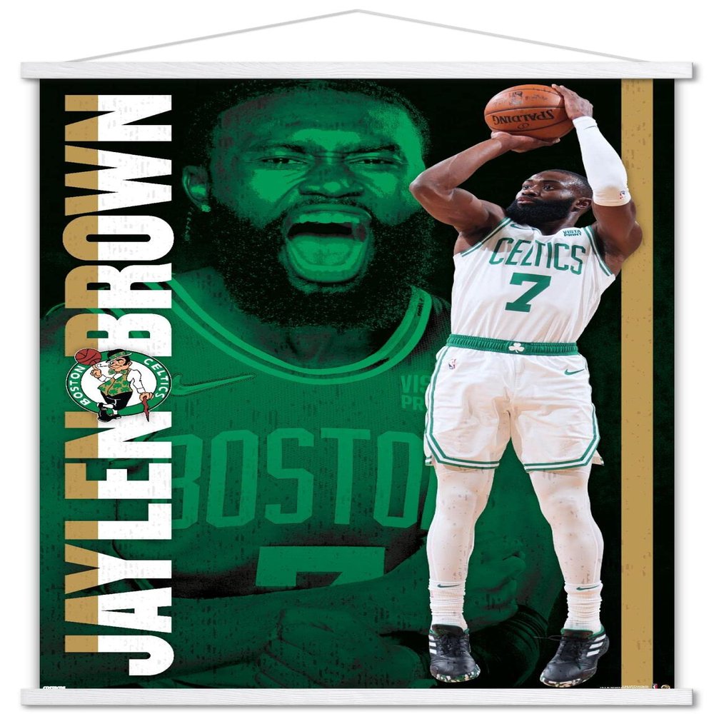Trends International NBA Boston Celtics - Jaylen Brown 21 Wall Poster, 22.375" x 34", Premium Print and White Hanger Bundle