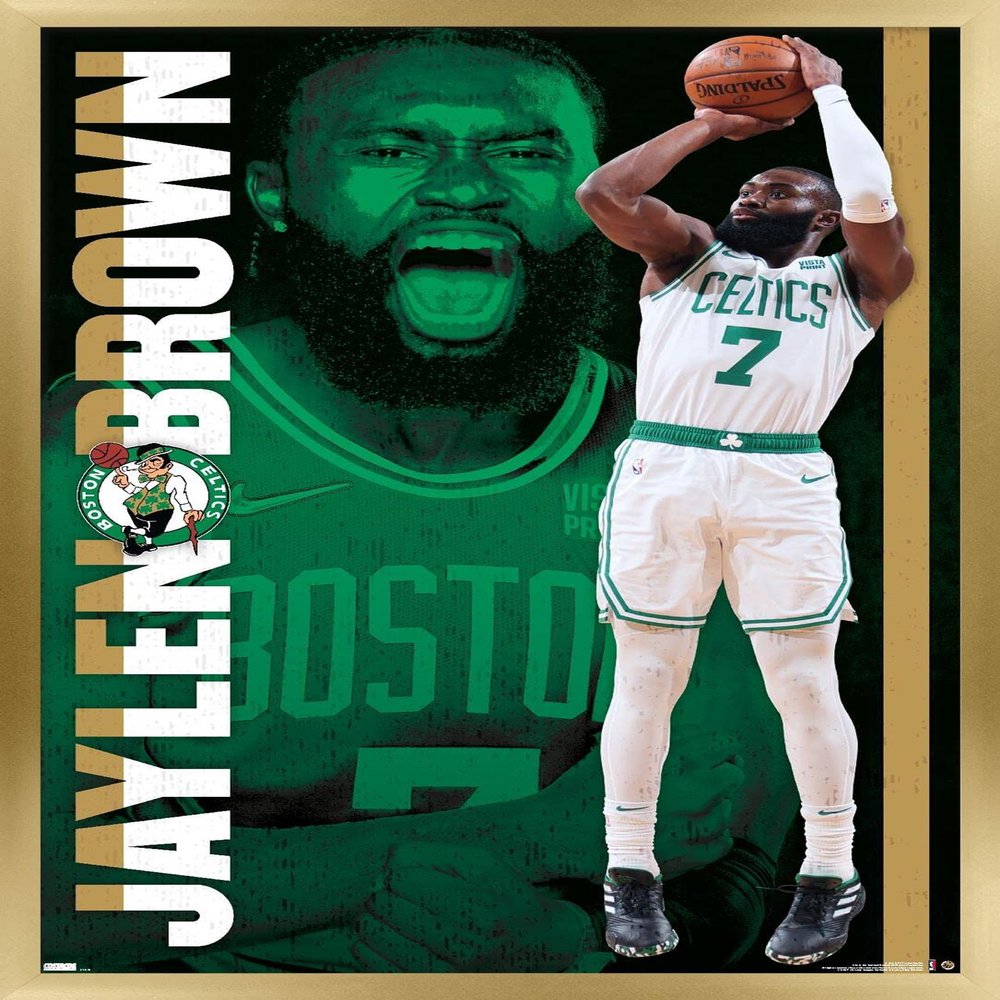 Trends International NBA Boston Celtics - Jaylen Brown 21 Wall Poster, 14.725" x 22.375", Gold Framed Version
