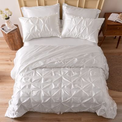 MR&HM Satin Comforter Queen 7 Pieces - Luxurious Pinch Pleat Bedding Set with Comforter, Flat Sheet, Fitted Sheet, Pillowcases & Shams, Super Silky Soft Bed Set for All Season (Queen, Ivory)