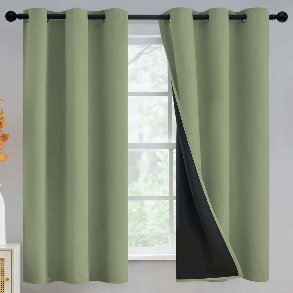 100% Blackout Curtains for Living Room, Thermal Insulated Blackout Curtains 63 inch Length Heat and Full Light Blocking Curtains Window Drapes for Bedroom with Black Backing, Sage, 2 Panels, W42 x L63