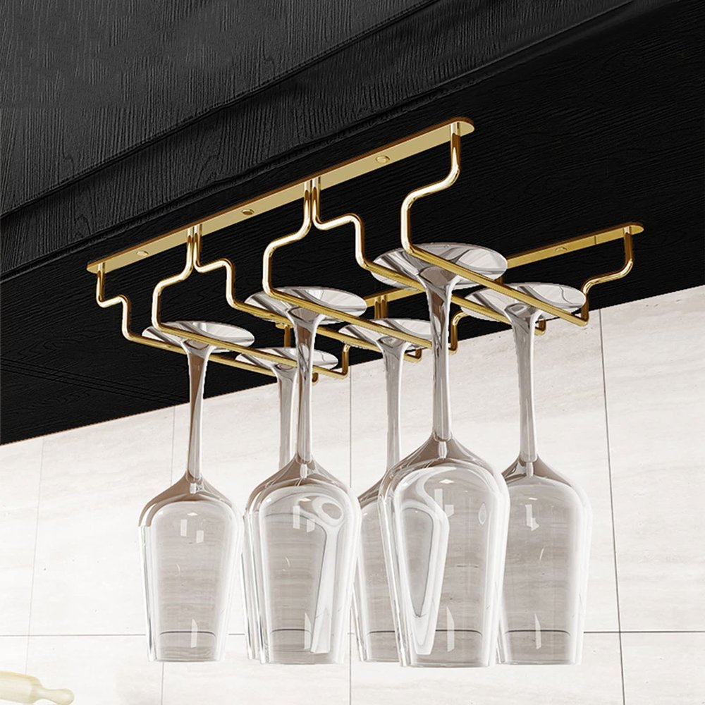 Gold Wine Glass Rack Hanging Metal 304 Stainless Steel Under Cabinet Shelf Stemware Racks Wine Champagne Goblets Holder for Kitchen Bar Pub (Size : 34.5x28x5.5cm)