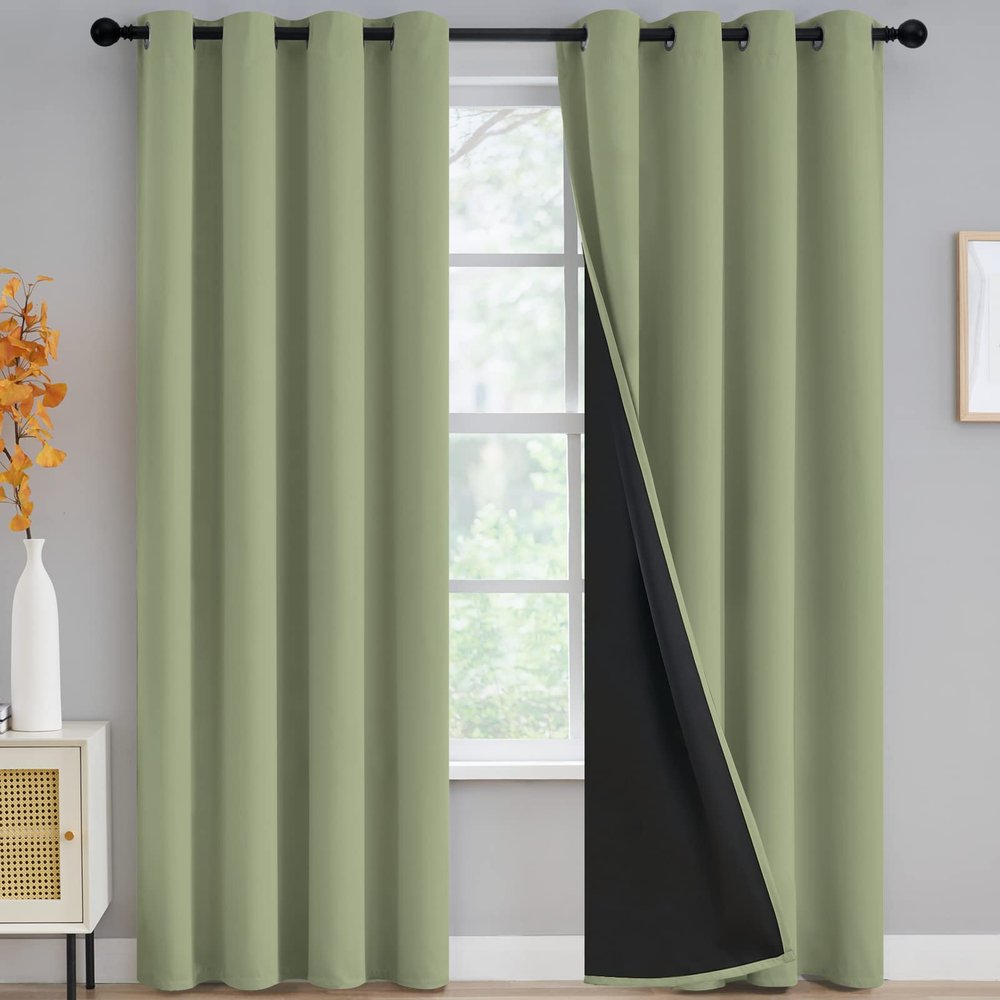100% Blackout Curtains for Living Room, Thermal Insulated Blackout Curtains 96 inch Length Heat and Full Light Blocking Curtains Window Drapes for Bedroom with Black Backing, Sage, 2 Panels, W52 x L96