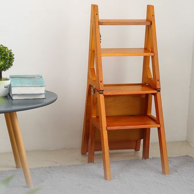 Foot Stools Ladder Wooden Folding 4 Step Chair Heavy Duty Anti-Slip Stepladder Bookshelf |Plant Stand |Dinner Chairs for Kitchen and Library