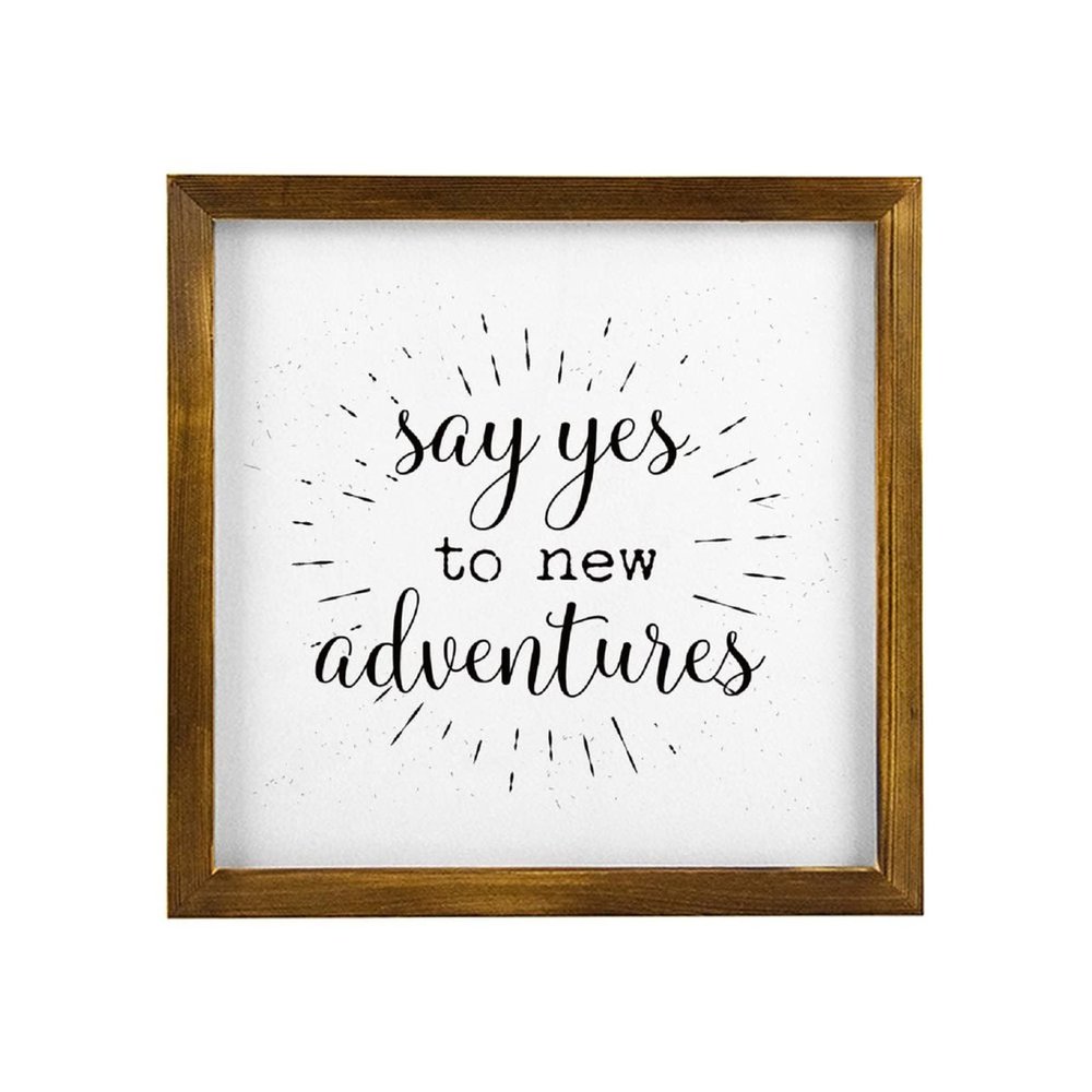 12"x12" Framed Wooden Sign Say Yes to New Adventures Rustic Farmhouse Wall Hanging Art Plaque with Wood Frame Home Decor for Living Room Kitchen Porch Door Novelty Gift