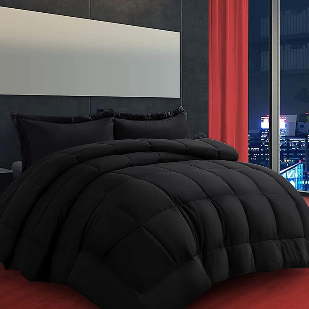 AMGUI King Comforter Set 3 Pieces - Goose Down Alternative with 2 Pillow Shams - Extra Thick - Soft and Comfortable - Machine Washable (King,Black)