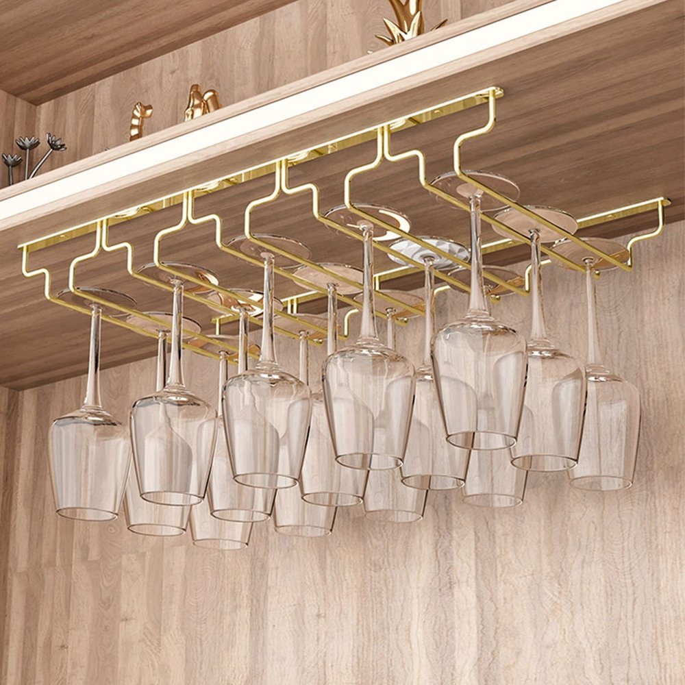 Gold Wine Glass Rack Hanging Metal 304 Stainless Steel Under Cabinet Shelf Stemware Racks Wine Champagne Goblets Holder for Kitchen Bar Pub (Size : 57x28x5.5cm)