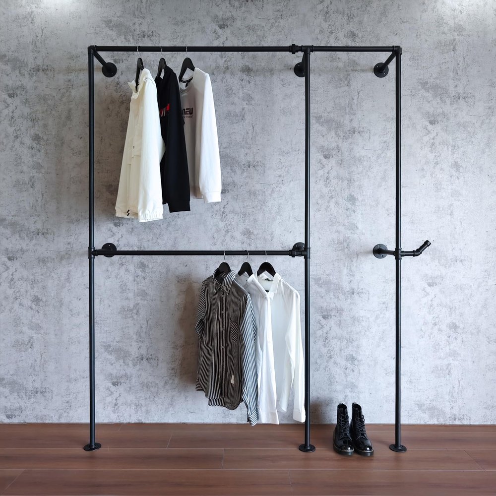 Anynice Industrial Pipe Clothing Rack, Heavy Duty Wall Mounted Clothes Rack, Retail Display Hanging Garment Rod for Laundry Rooms, Closet Storage, 14.6x62.5x82.7 Inches, Model AF01