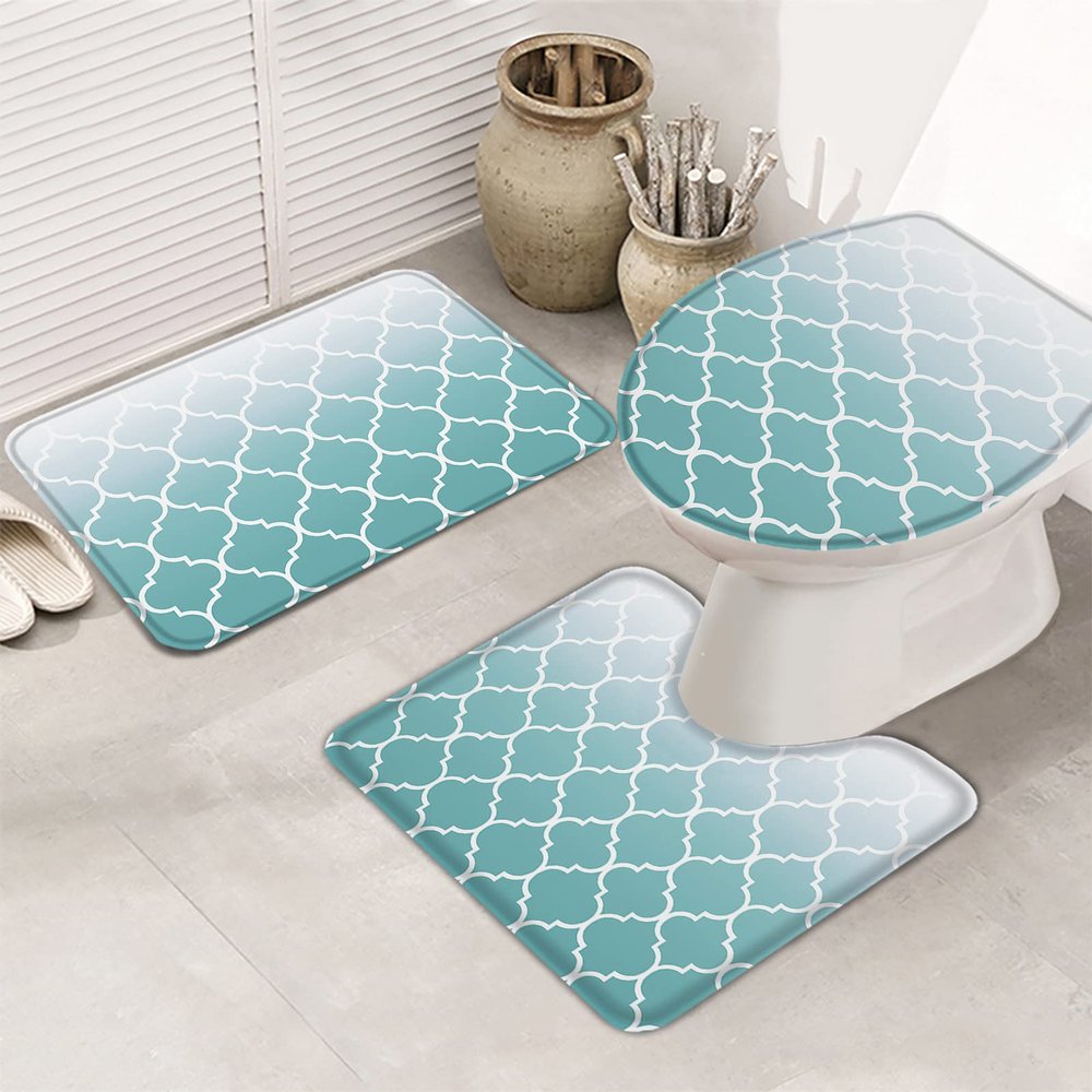 Bath Mat 3 Piece Bathroom Rug Sets, Cyan Turquoise Gradient Morocco Style Geometric Simple Pattern Non Slip Bath Rug Contour Mat and Toilet Lid Cover, Absorbent Shower Mats Soft Bath Rug and Mat Sets