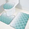 Bath Mat 3 Piece Bathroom Rug Sets, Cyan Turquoise Gradient Morocco Style Geometric Simple Pattern Non Slip Bath Rug Contour Mat and Toilet Lid Cover, Absorbent Shower Mats Soft Bath Rug and Mat Sets view 2