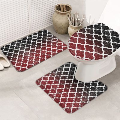 Bath Mat 3 Piece Bathroom Rug Sets, Gradient Color Red and Black Retro Morocco Geometric Pattern Non Slip Bath Rug Contour Mat and Toilet Lid Cover, Absorbent Shower Mats Soft Bath Rug and Mat Sets