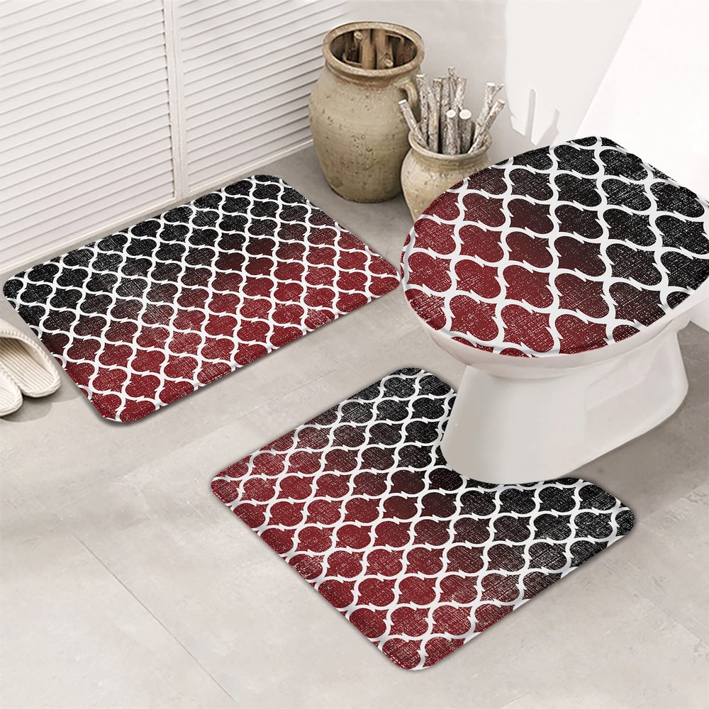 Bath Mat 3 Piece Bathroom Rug Sets, Gradient Color Red and Black Retro Morocco Geometric Pattern Non Slip Bath Rug Contour Mat and Toilet Lid Cover, Absorbent Shower Mats Soft Bath Rug and Mat Sets