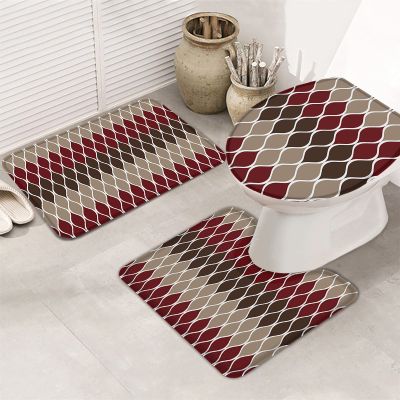 Bath Mat 3 Piece Bathroom Rug Sets, Gradient Red and Brown Geometric Abstract Medieval Print Non Slip Bath Rug Contour Mat and Toilet Lid Cover, Absorbent Shower Mats Soft Bath Rug and Mat Sets