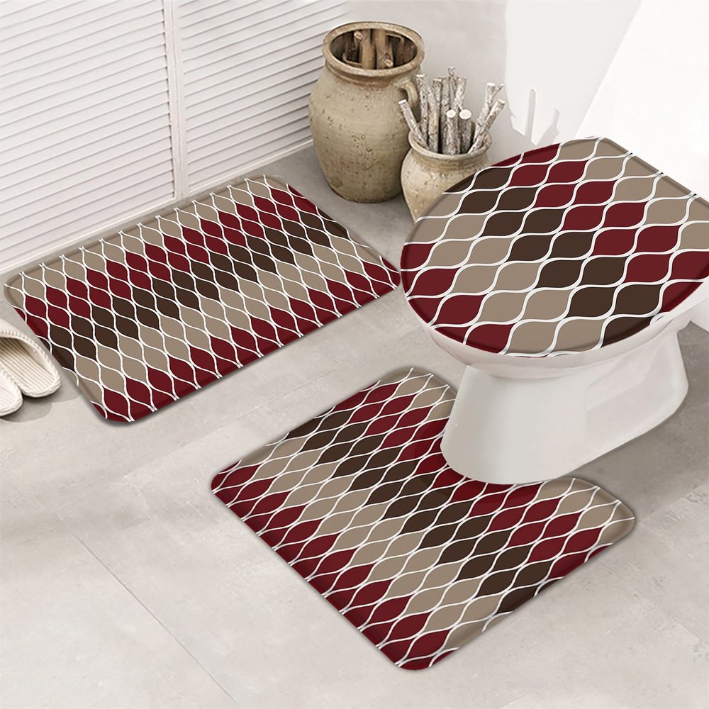 Bath Mat 3 Piece Bathroom Rug Sets, Gradient Red and Brown Geometric Abstract Medieval Print Non Slip Bath Rug Contour Mat and Toilet Lid Cover, Absorbent Shower Mats Soft Bath Rug and Mat Sets