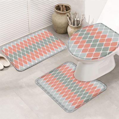Bath Mat 3 Piece Bathroom Rug Sets, Gradient Gray and Pink Geometric Abstract Medieval Print Non Slip Bath Rug Contour Mat and Toilet Lid Cover, Absorbent Shower Mats Soft Bath Rug and Mat Sets