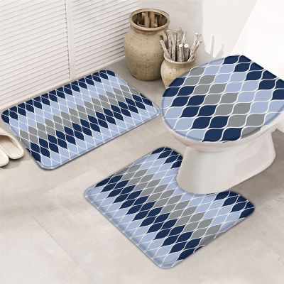 Bath Mat 3 Piece Bathroom Rug Sets, Gradient Gray and Blue Geometric Abstract Medieval Print Non Slip Bath Rug Contour Mat and Toilet Lid Cover, Absorbent Shower Mats Soft Bath Rug and Mat Sets
