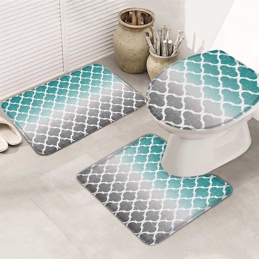 Bath Mat 3 Piece Bathroom Rug Sets, Gradient Color Turquoise Gray Morocco Geometric Pattern Non Slip Bath Rug Contour Mat and Toilet Lid Cover, Absorbent Shower Mats Soft Bath Rug and Mat Sets