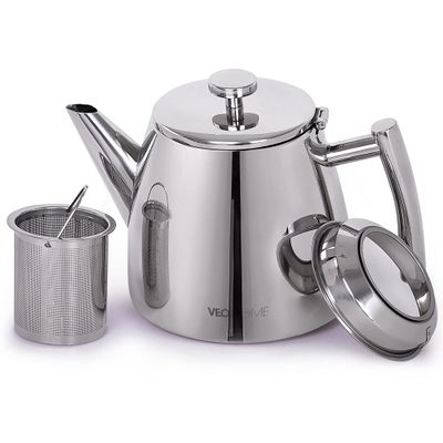 VeoHome Stainless Steel Tea Pot with Infuser - Keeps Heat Thanks to its Double Wall, Silver (0.5 Liter (17 oz))